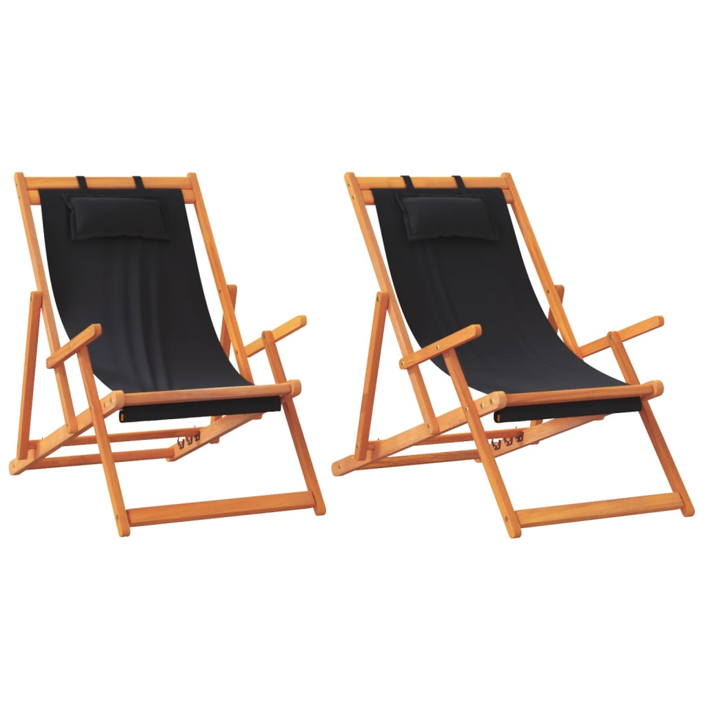 Folding Beach Chair Set of 2 Black Solid eucalyptus wood Standard