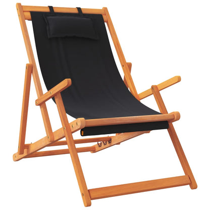 Folding Beach Chair Set of 2 Black Solid eucalyptus wood Standard
