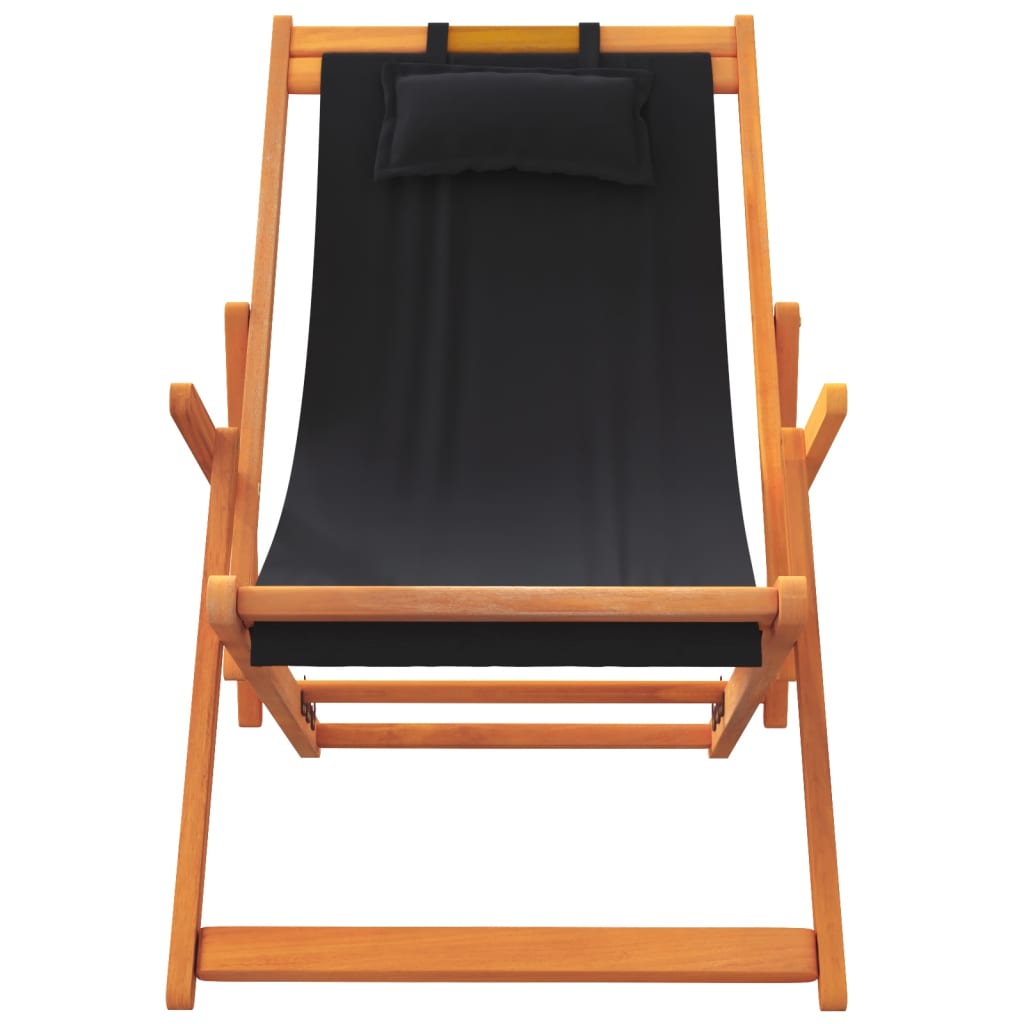 Folding Beach Chair Set of 2 Black Solid eucalyptus wood Standard