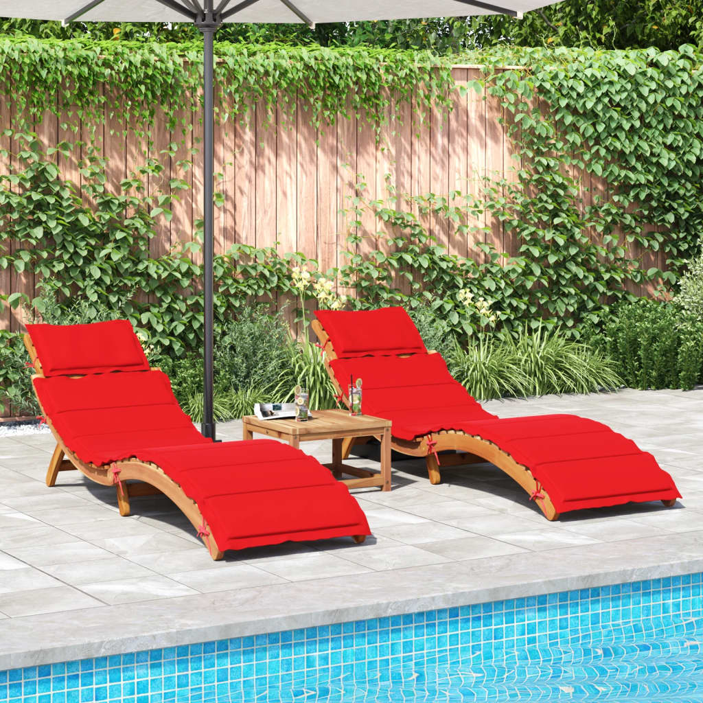 Patio Sunlounger Set of 2 Red, Natural Solid Acacia Wood, Polyester