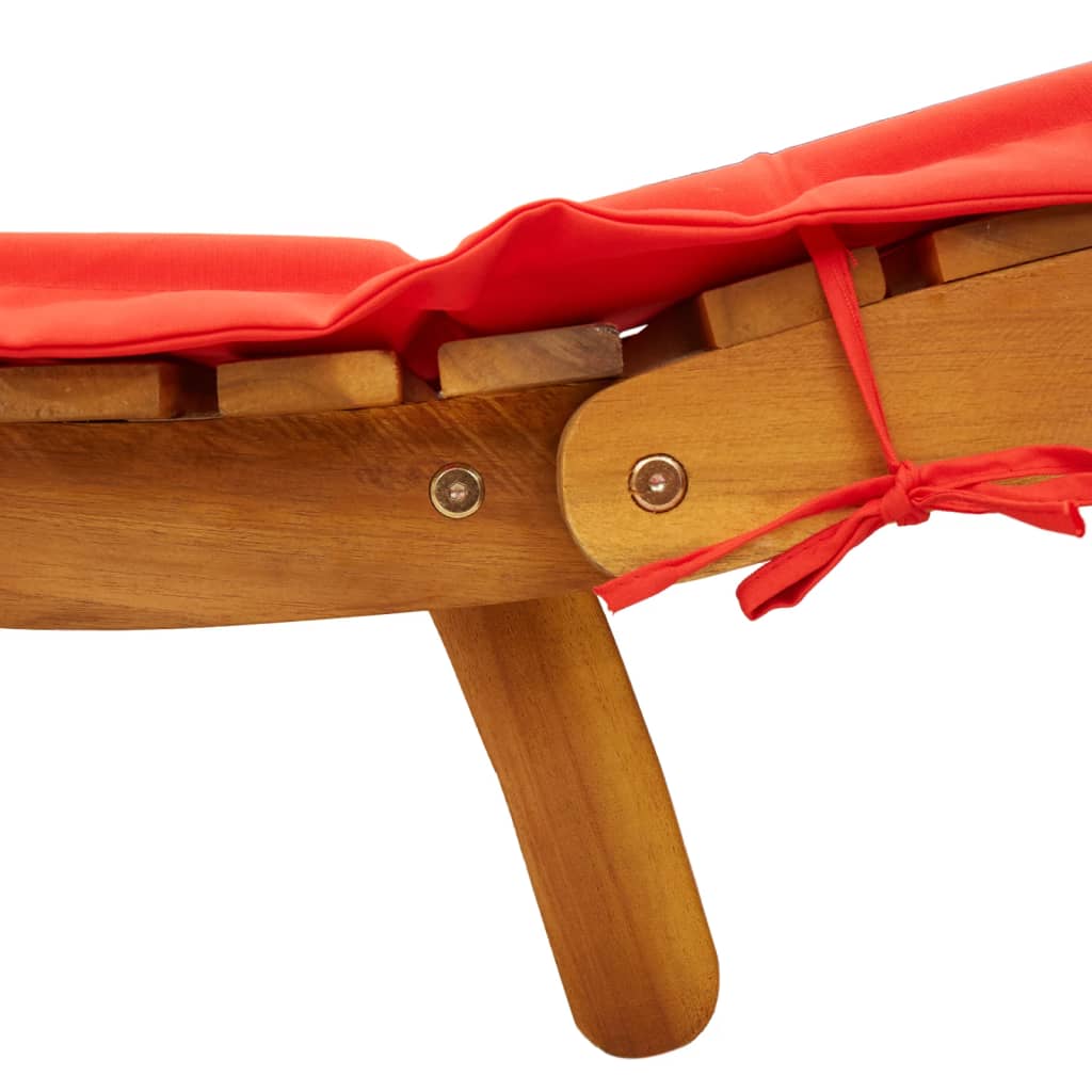 Patio Sunlounger Set of 2 Red, Natural Solid Acacia Wood, Polyester