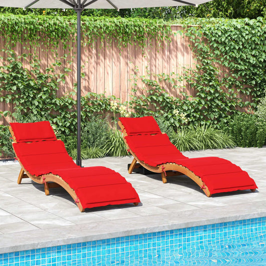 Patio Sunlounger Set of 2 Red, Natural Solid Acacia Wood, Polyester
