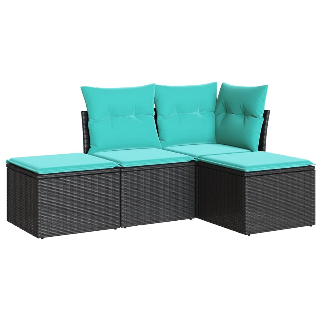 Garden Sofa Set Black, Blue PE rattan, Powder-coated steel, Fabric