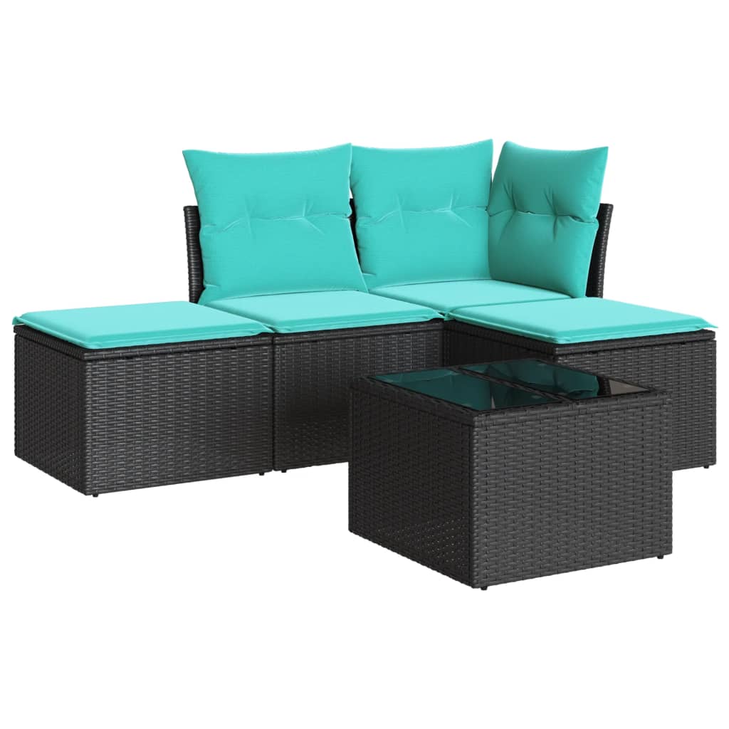 5 Piece Patio Sofa Set with Cushions Black Poly Rattan