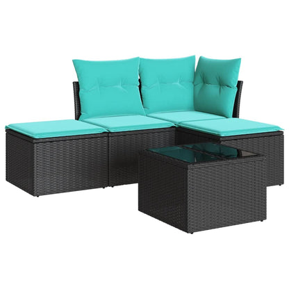 5 Piece Patio Sofa Set with Cushions Black Poly Rattan