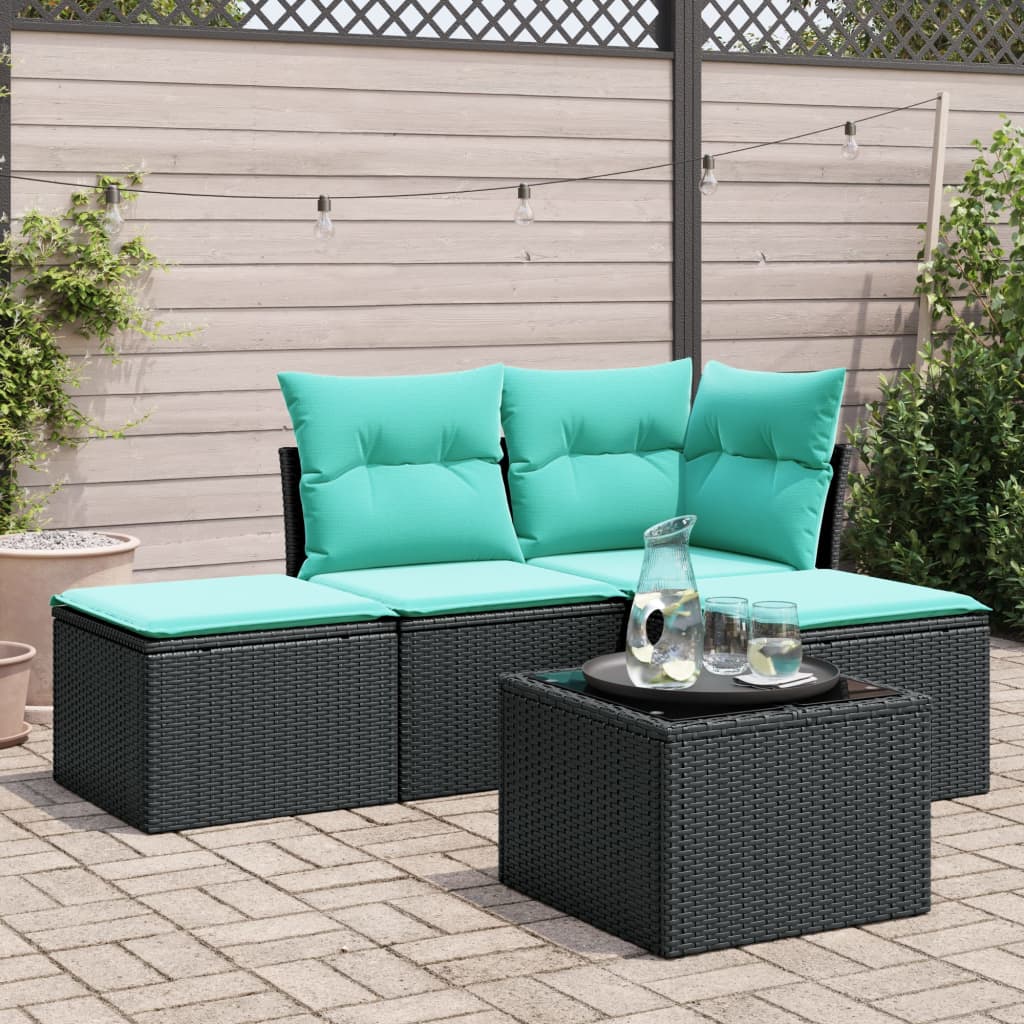 5 Piece Patio Sofa Set with Cushions Black Poly Rattan
