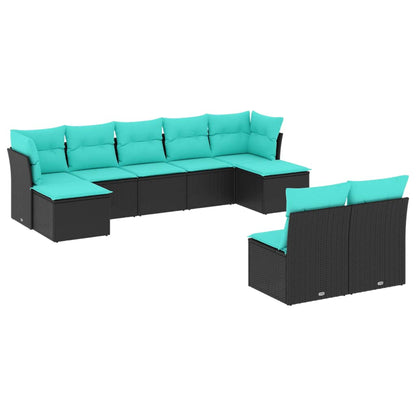 Garden Sofa Set Black, Blue PE rattan, Powder-coated steel, Fabric