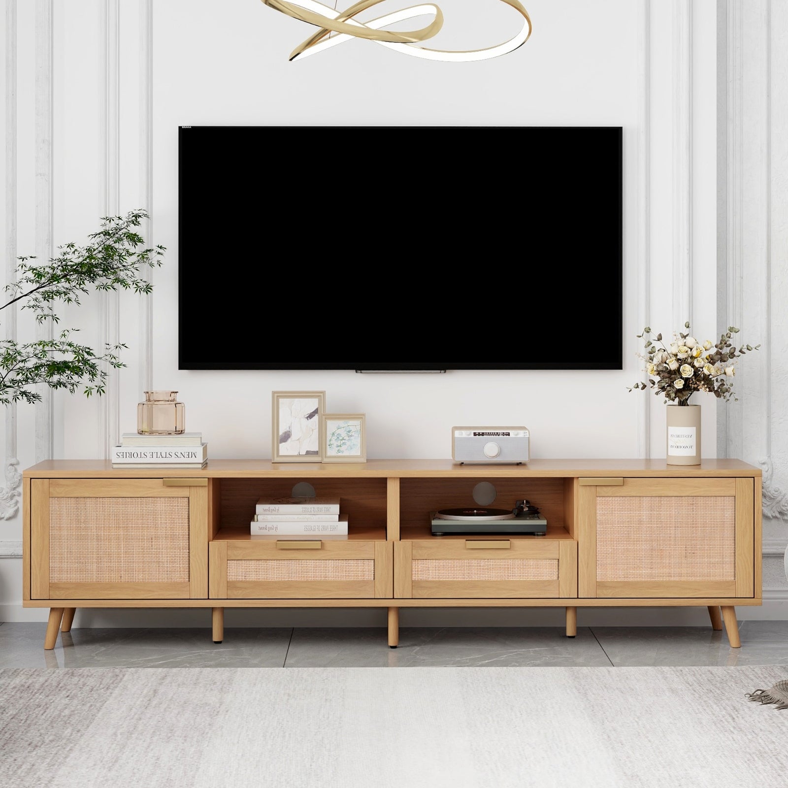Rattan TV Stand For TVs Up To 85'', Modern Farmhouse Media Console Center