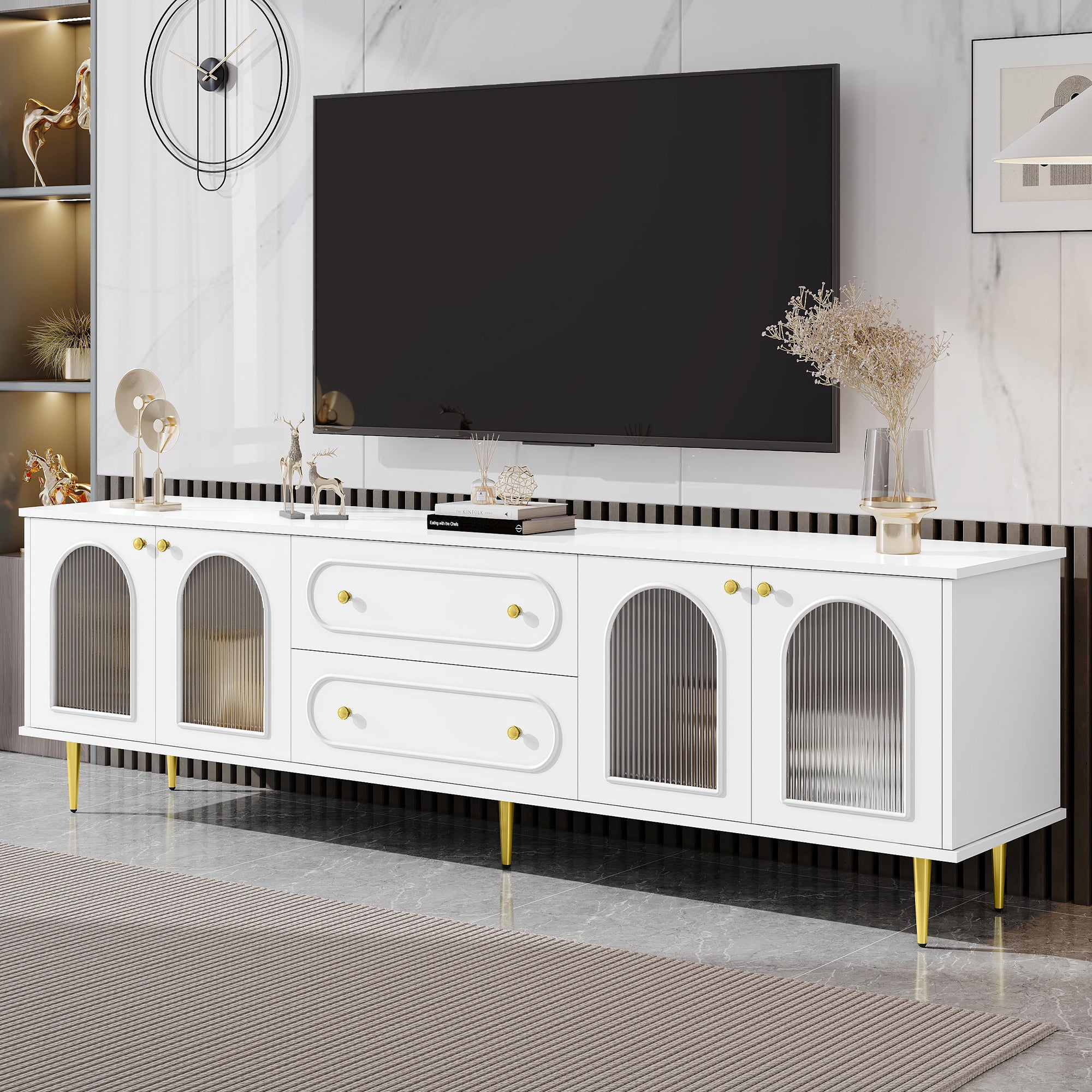 VIBE HAUS 78.7 Modern TV Stand, TV Cabinet With Five Metal Legs And Metal Handles, 2 Drawers And 2 Cabinets With Fluted Glass Doors For Living Room, Up To 80