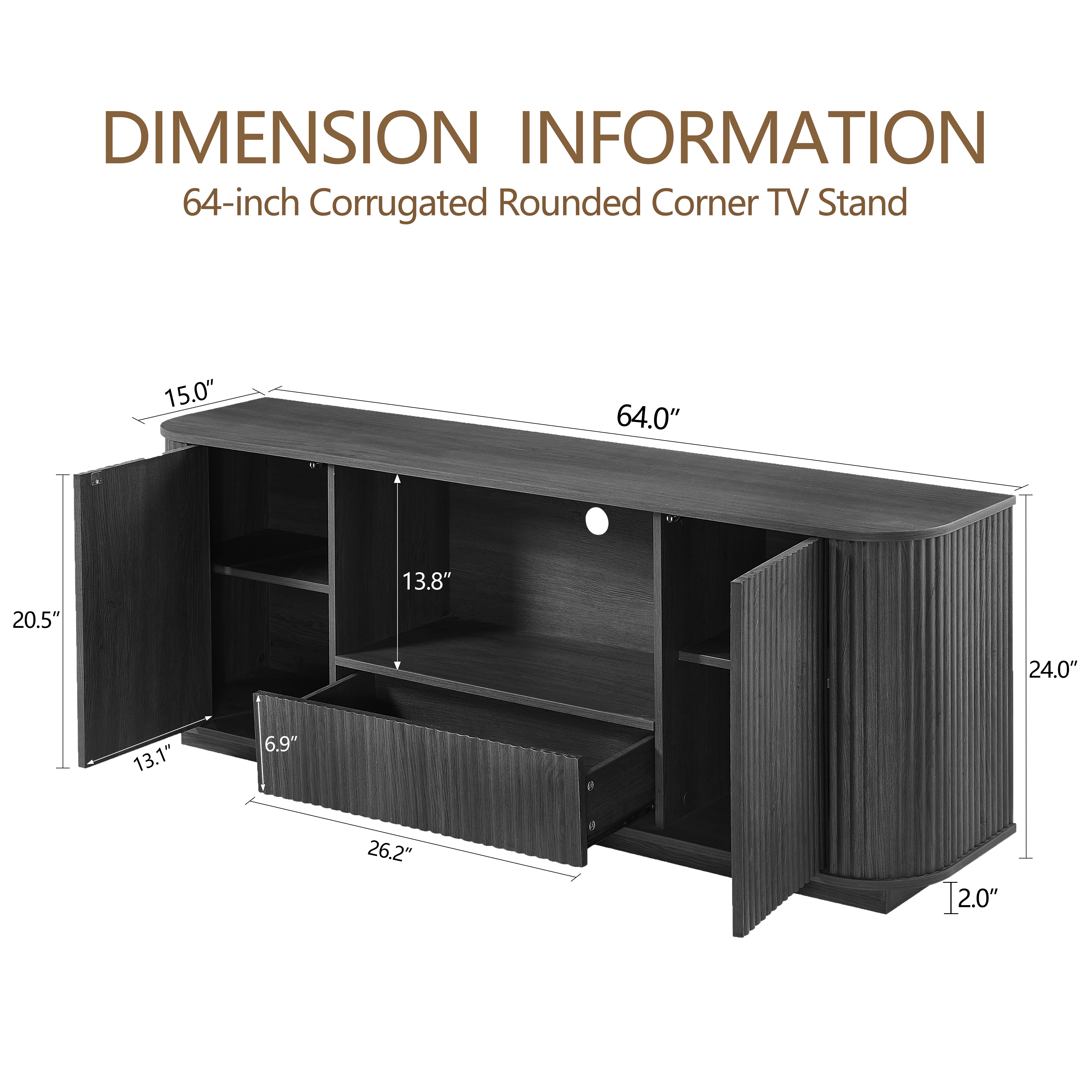 64 Inch Wavy TV Stand, Rounded Sideboard, Storage Cabinet  Wooden Vertical Stripe Cabinet For Living Room Bedroom Entryway Black,64W X 15D X 24H.