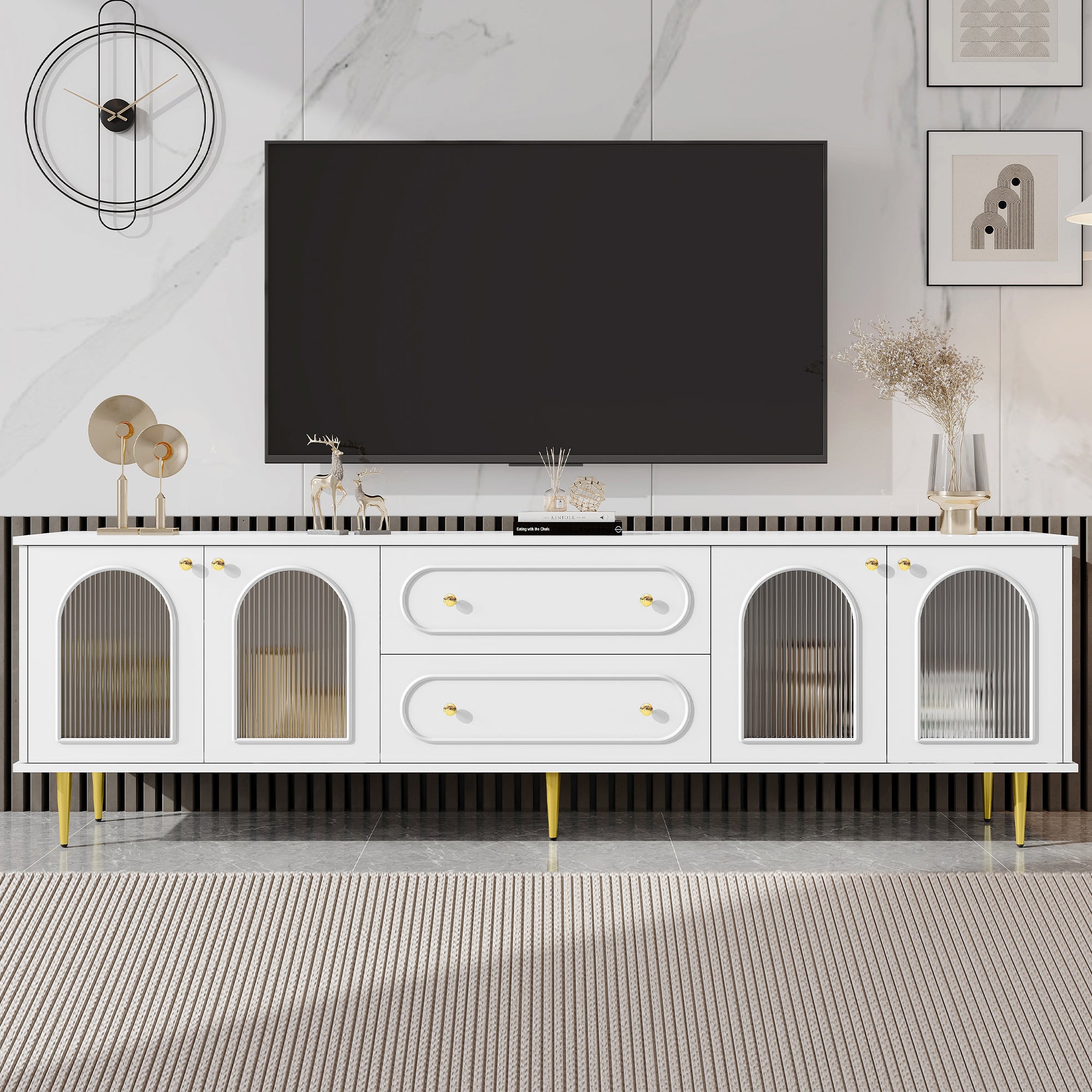 VIBE HAUS 78.7 Modern TV Stand, TV Cabinet With Five Metal Legs And Metal Handles, 2 Drawers And 2 Cabinets With Fluted Glass Doors For Living Room, Up To 80