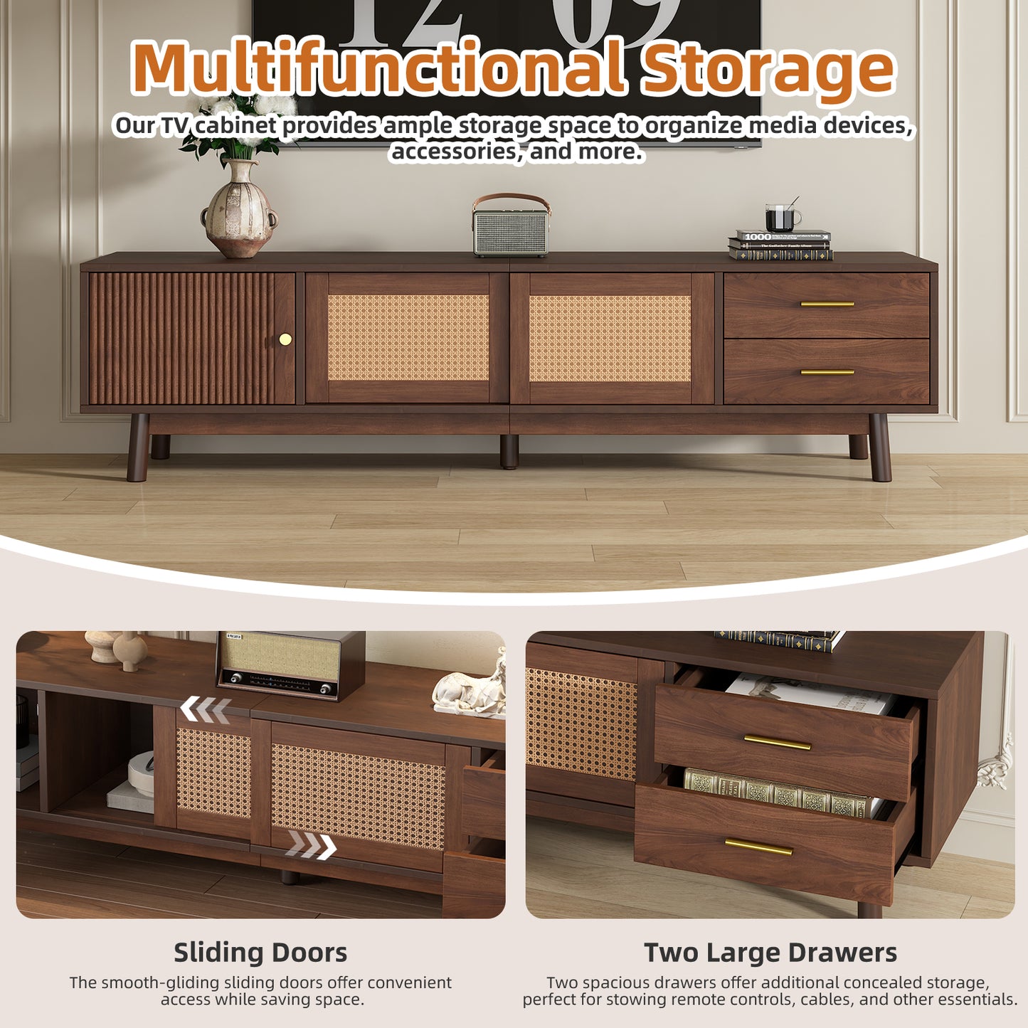 Mid Century Modern TV Stand For 80 TVs, Entertainment Center With Sliding Doors And Drawers, TV Table With Storage For Living Room, Bedroom