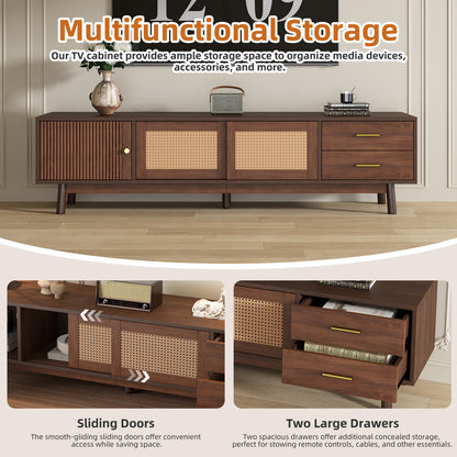 Mid Century Modern TV Stand For 80 TVs, Entertainment Center With Sliding Doors And Drawers, TV Table With Storage For Living Room, Bedroom