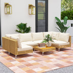 7 Piece Wicker Patio Furniture Set, Modular Outdoor Sectional With Thickened Cushions, Acacia Wood Table, Khaki Beige