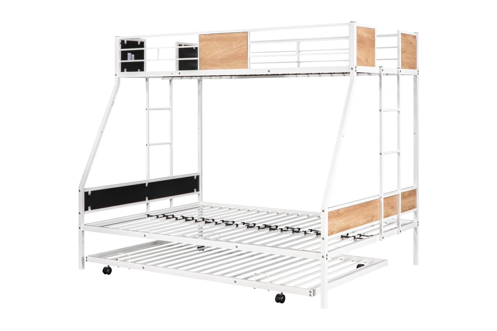 Metal Twin Over Full Bunk Bed With Trundle, Heavy-Duty, Noise Reduced, Guardrail