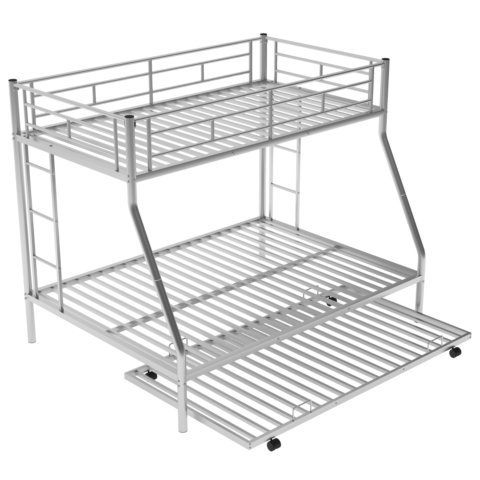 Twin Over Full Bunk Bed With Steel Frame, Trundle, Two-Side Ladders, Silver