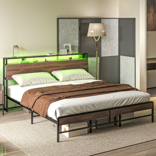 King Size Bed Frame with LED Lights and Charging Station, King Bed Frame with Storage Headboard, Noise-Free, Walnut