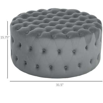 Round Ottoman Coffee Table with Velvet-feel Upholstery, Button Tufted Design and Padded Seat, Dark Gray