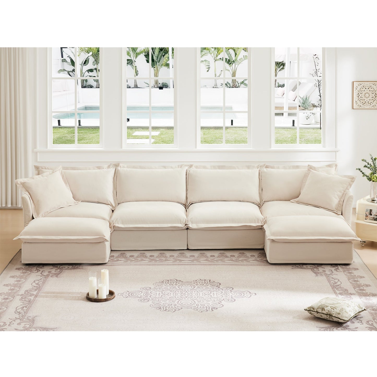 Slipcovered U Shape Sectional Wide and Deep Seat Sofa Couch