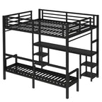Queen Over Twin XL Metal Bunk Bed Loft Bed With Desk And Shelves, Multiple Uses Folds Into Sofa With LED And USB, Black