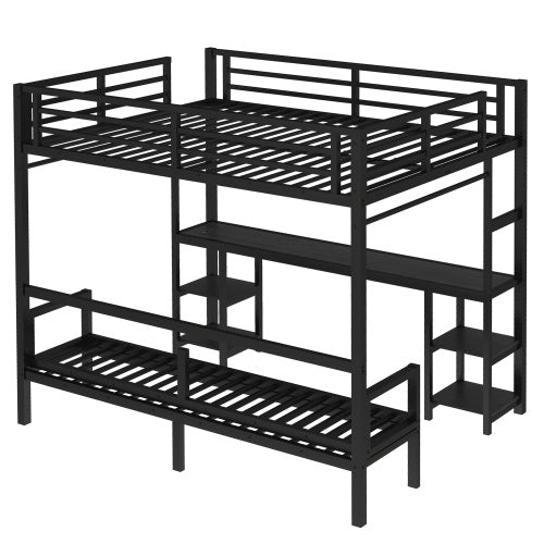 Queen Over Twin XL Metal Bunk Bed Loft Bed With Desk And Shelves, Multiple Uses Folds Into Sofa With LED And USB, Black