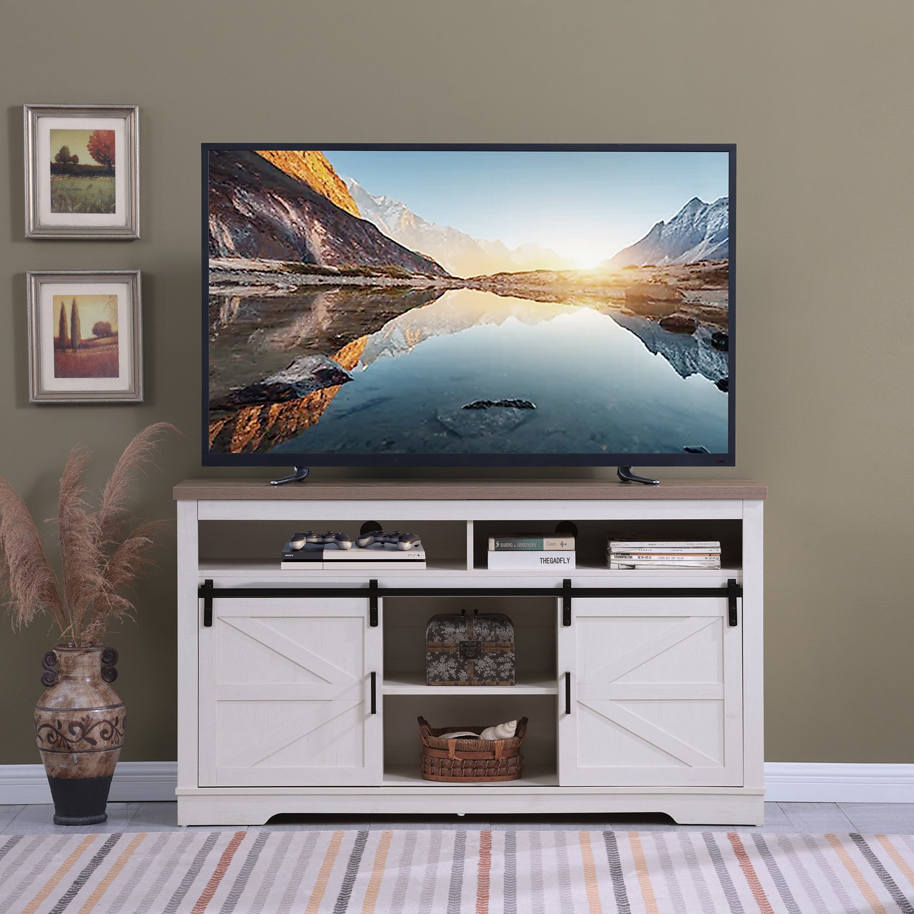 Farmhouse TV Stand For 65  Inch TV, 33 Tall Highboy Entertainment Center W Sliding Barn Door, Rustic Media Console W Storage Shelves, Wood Television Stand For Living Room, Antique White