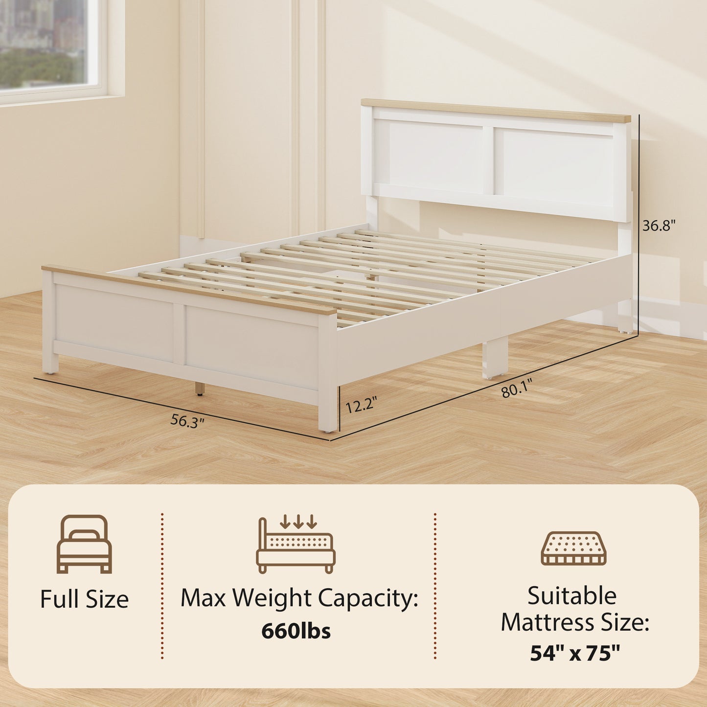 Full Bed Frame with Headboard, Modern Platform Bed Frame with Wooden Slats, No Box Spring Needed, Easy Assembly, White