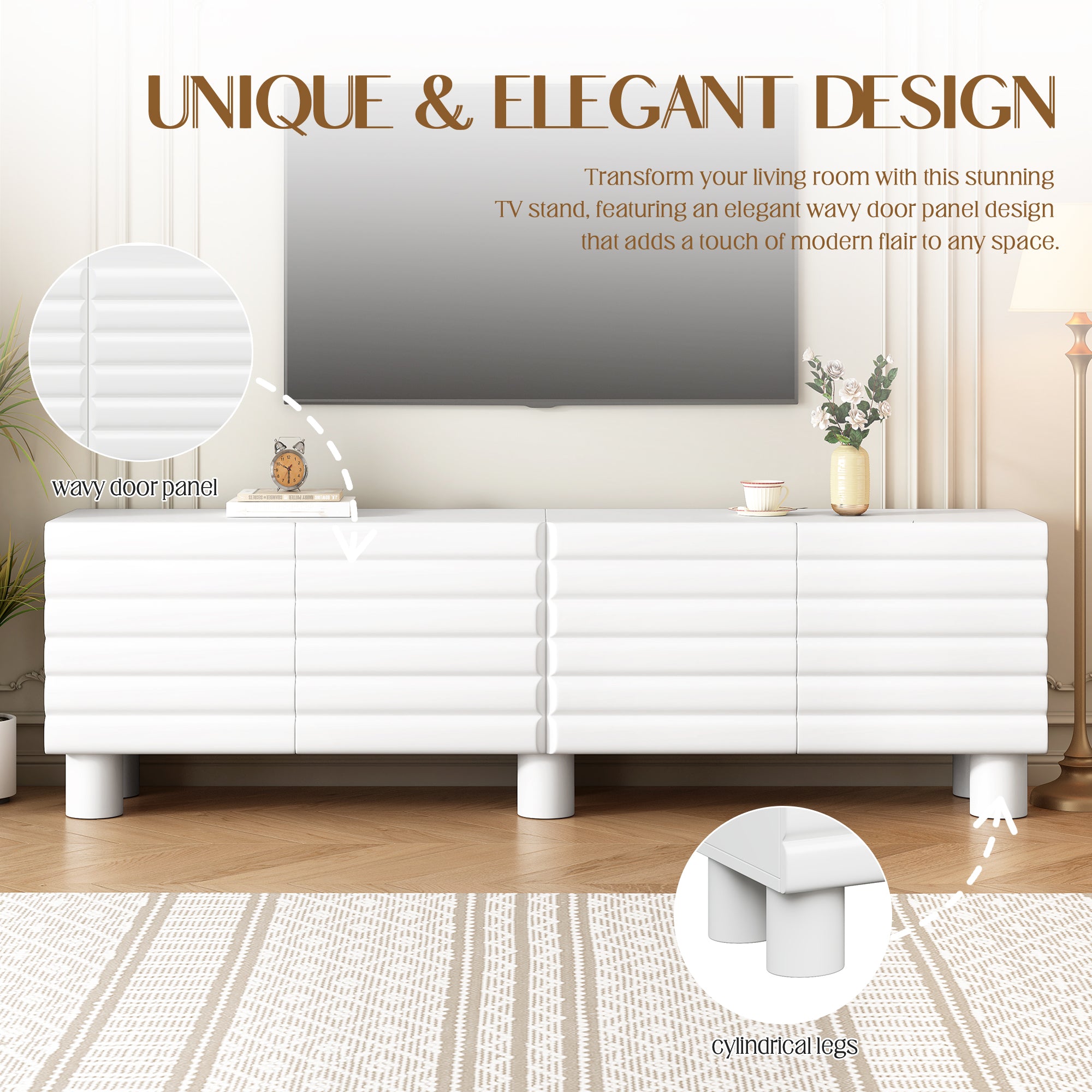 Stylish Thick Wavy Door TV Cabinet With Adjustable Shelves, Cream Style TV Stand With 4 Cabinets For TVs Up To 75, Solid Media Console With Cylindrical Legs And Cable Holes For Living Room, White