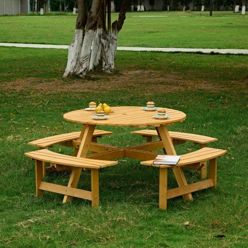 Outdoor 8 Person Picnic Table, 8 Person Round Picnic Table With 4 Built-in Benches, Umbrella Hole, Outside Table And Bench Set For Garden, Backyard, Porch, Patio, Natural