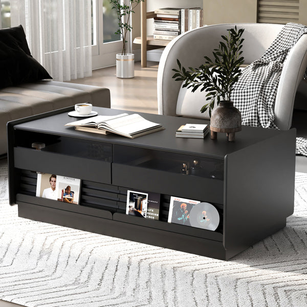 Modern Rectangle Coffee Table With 4 Drawers And 2 Display Shelves, Wood Coffee Table With Fluted Style, Tempered Glass For Living Room