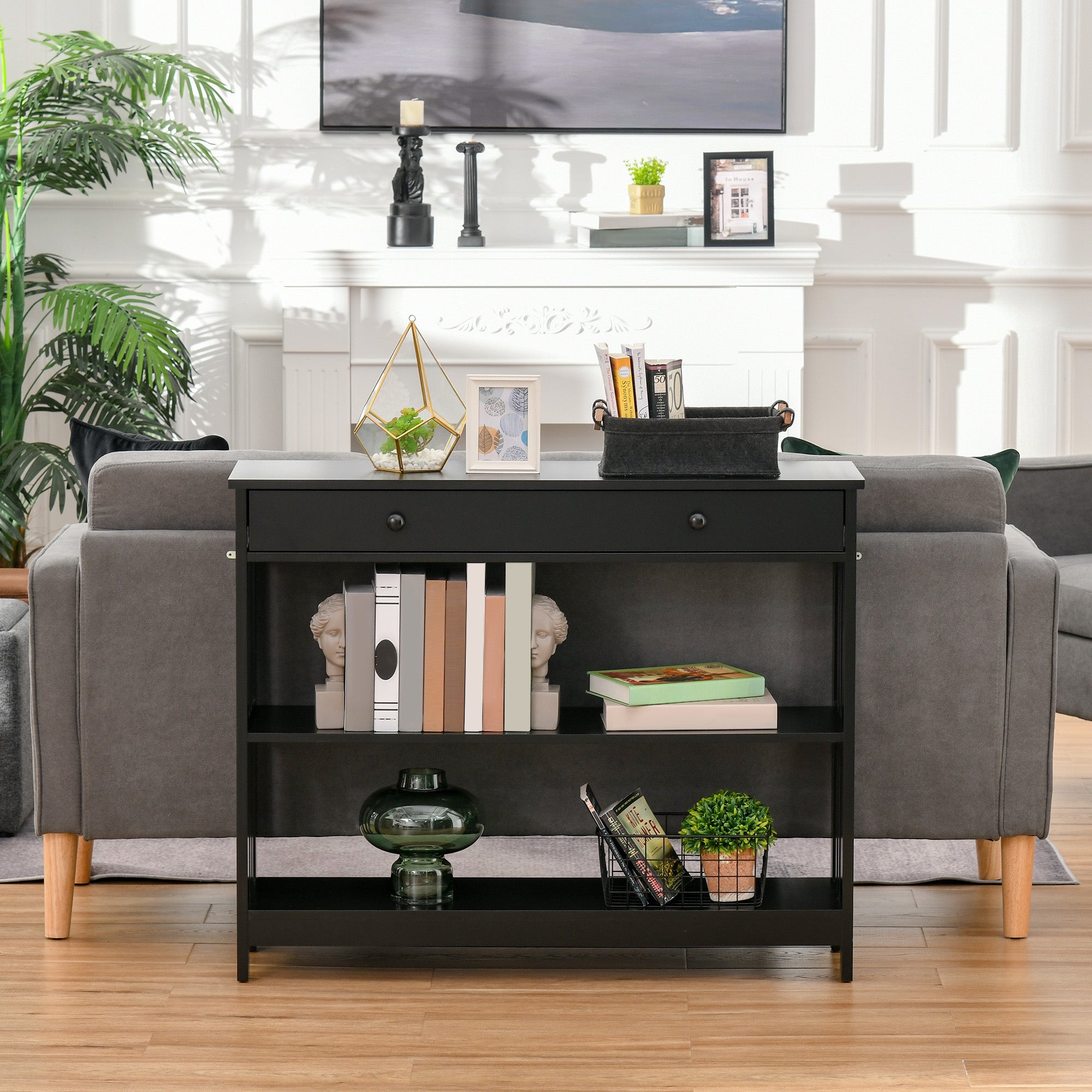 Console Hallway Table with Extra Wide Pull Out Drawer, 2 Open Shelves and Slatted Wood Frame Design, Black