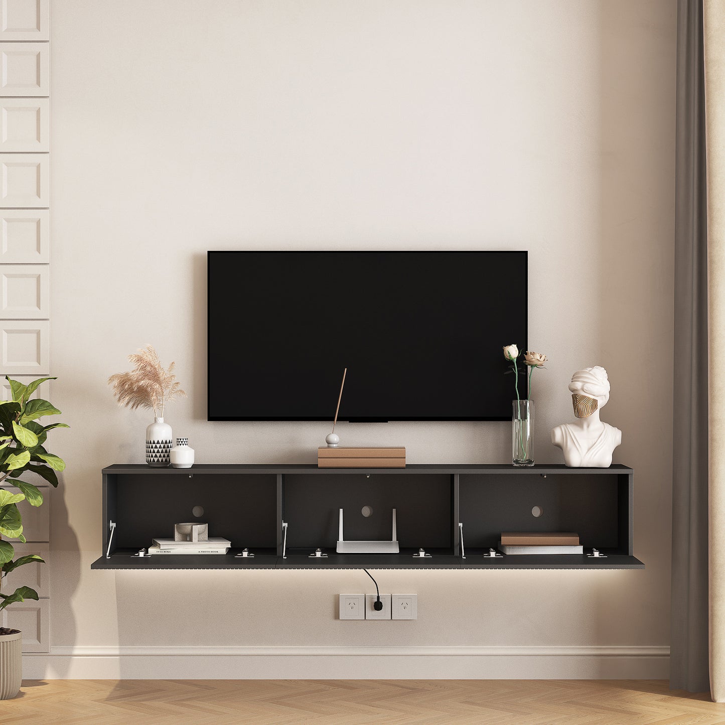 Floating TV Stand Wall Mounted With 16 Color LEDs,69 Modern TV Stand, Floating TV Cabinet Entertainment Center For 55 60 65 Inch TV,Black