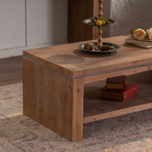 Rectangle Coffee Table With Solid Wood For Living Room, Large 2-Tier Rustic Coffee Table With Storage Shelf, Office And Apartment, Easy Assembly