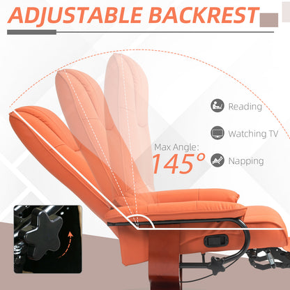 Faux Leather Recliner Chair, Swivel Recliner with Footrest, Armrest and Wood Base for Living Room, Orange