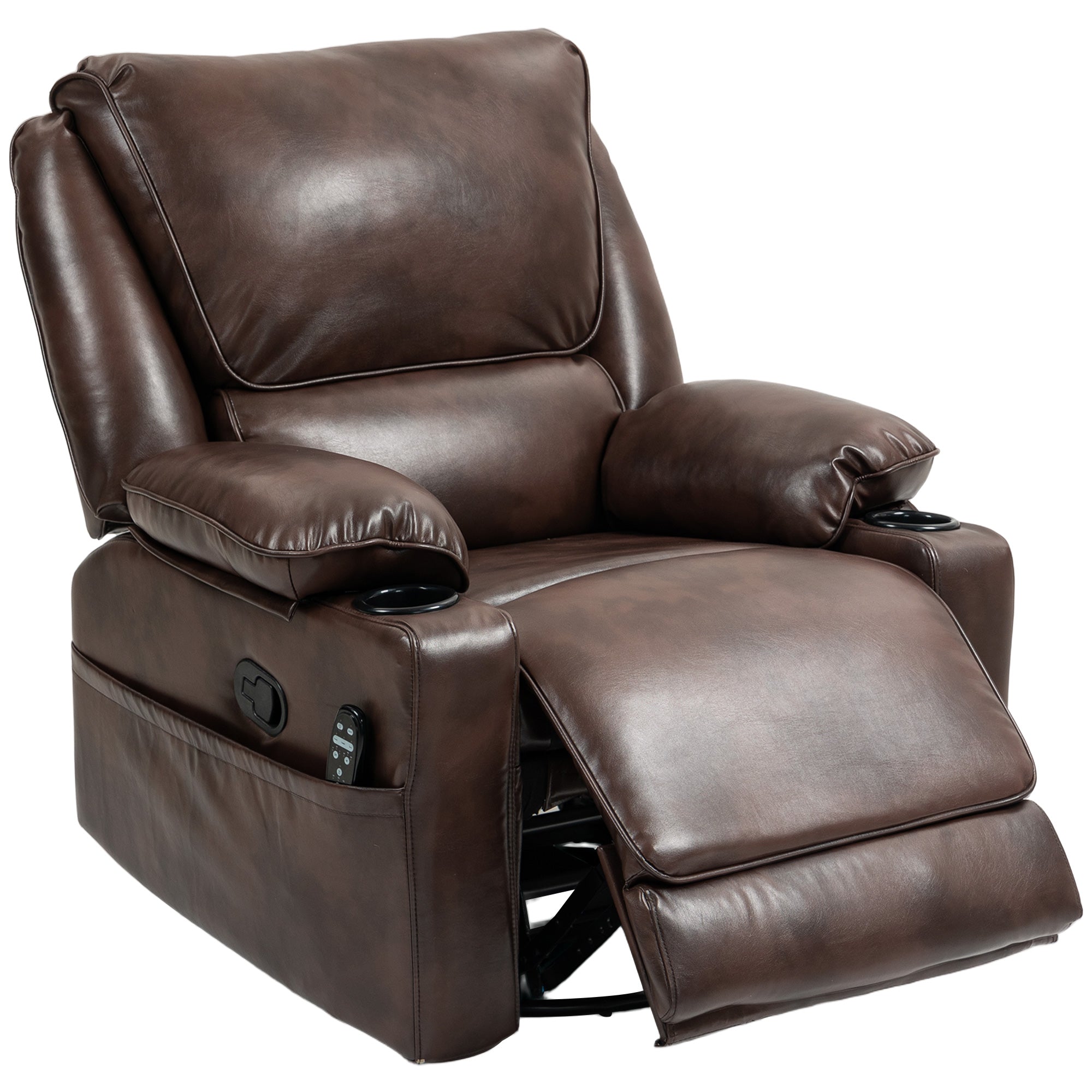 Recliner Massage Armchair with Heat Oversized Swivel Rocker with Footrest Remote and Side Pockets Brown