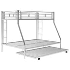 Twin Over Full Bunk Bed With Steel Frame, Trundle, Two-Side Ladders, Silver