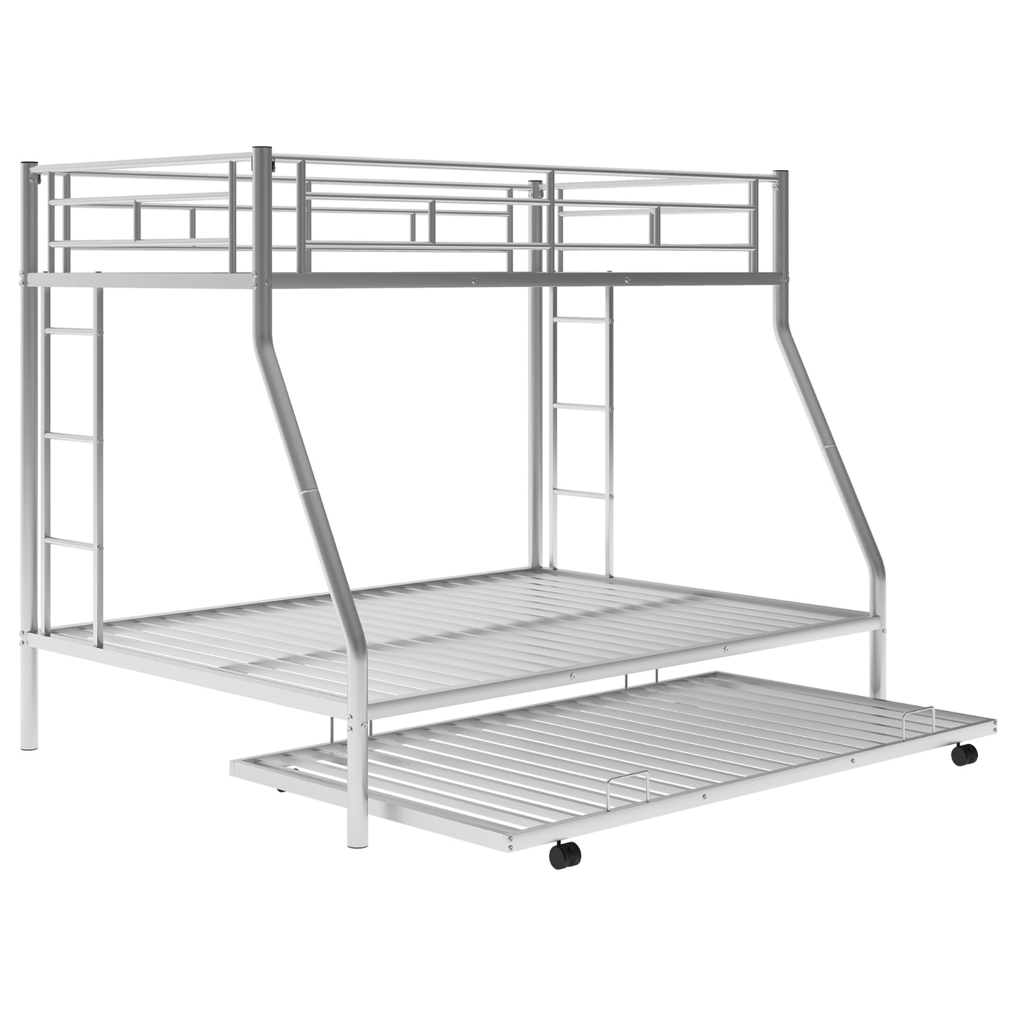 Twin Over Full Bunk Bed With Steel Frame, Trundle, Two-Side Ladders, Silver