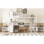 Metal Loft Bed With Wardrobe And L-shaped Desk, Full Size Loft Bed With Storage Cubes And Shelves, Heavy Duty Loft Bed For Kids Teens Adults