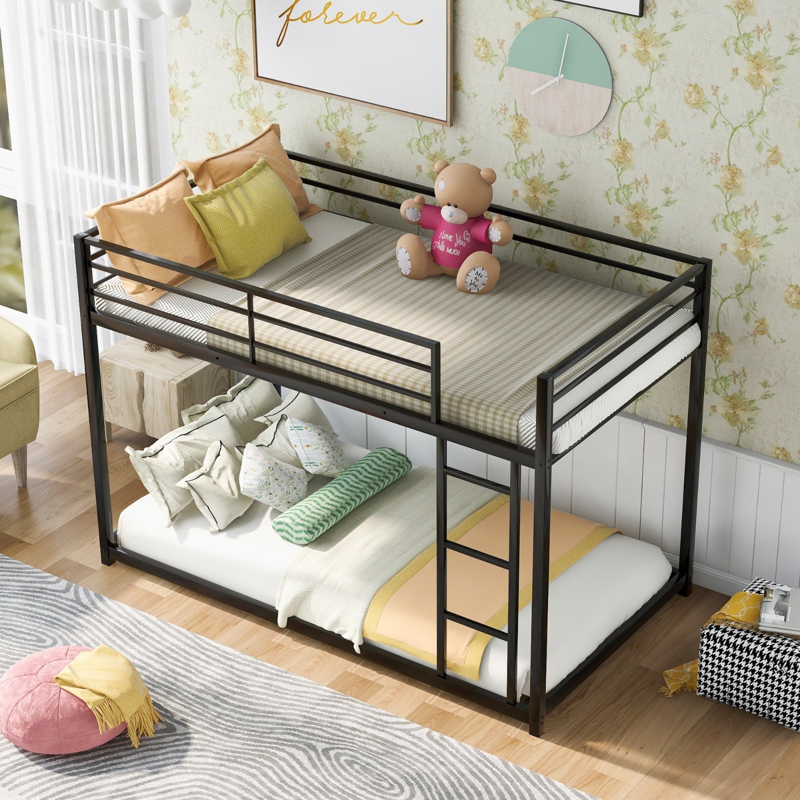 Twin Metal Low Bunk Bed With Ladder, Black - OLD
