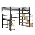 Full Size Metal Loft Bed With Staircase, Built-in Desk And Shelves, Black
