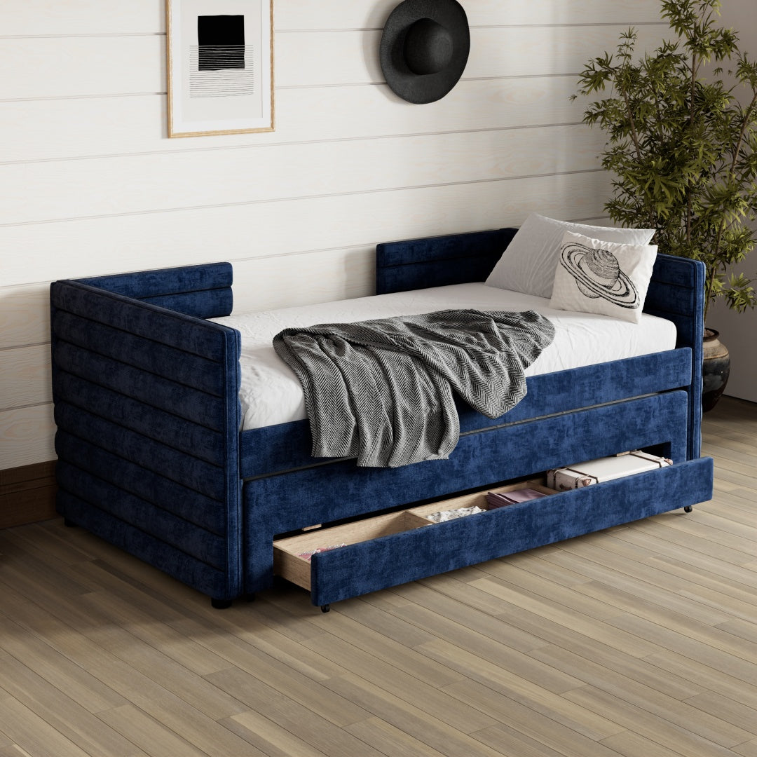 Twin Size Upholstered Daybed With Trundle And 3 Storage Drawers, Chenille Fabric Sofa Bed For Guest Room, Living Room, Space-Saving Modern Day Bed Frame, No Box Spring Needed