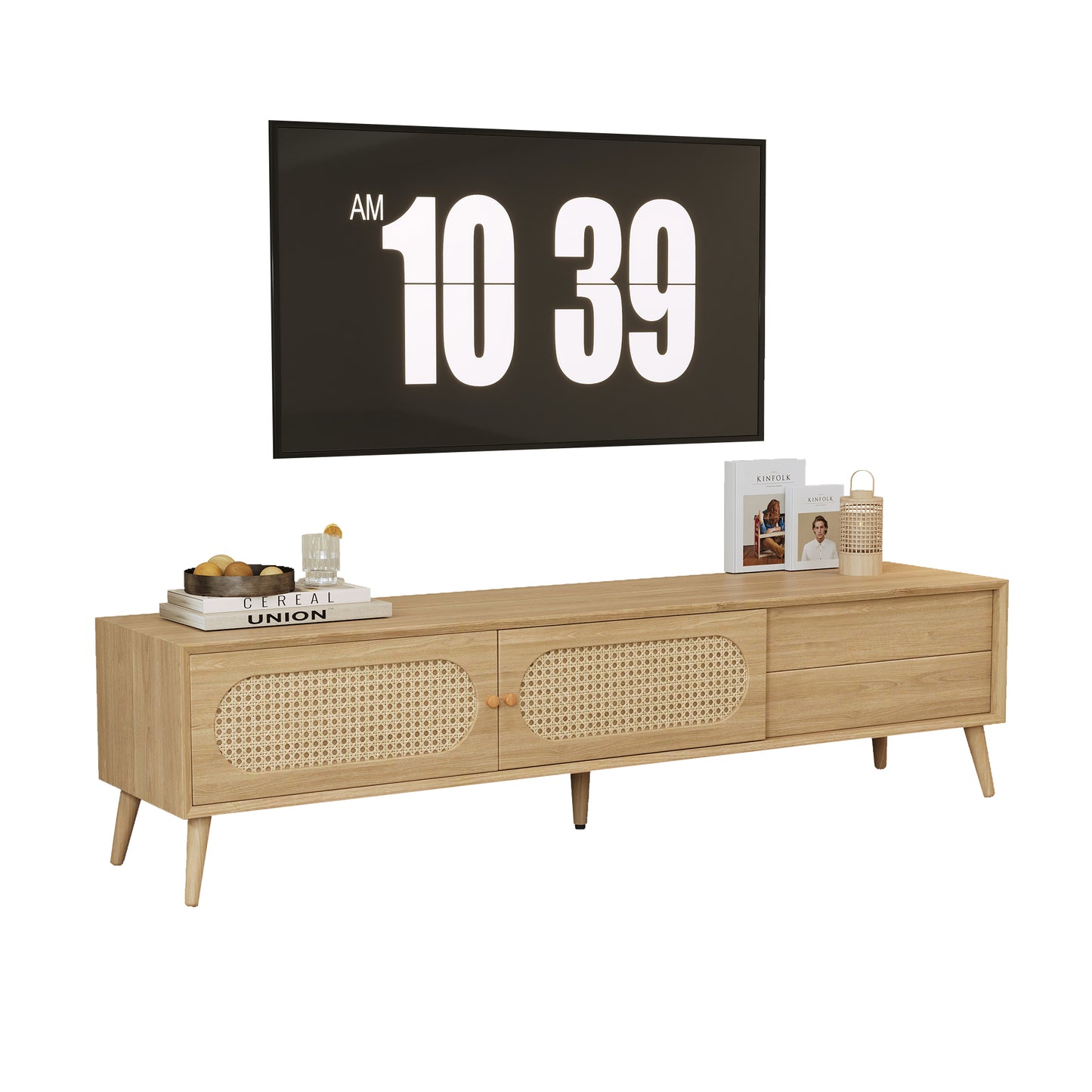 Boho TV Stand For TVs Up To 80'' , Modern Farmhouse Media Console, Entertainment Center With Solid Wood Legs, TV Cabinet For Living Room, Home Theatre