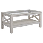 Coffee Table with Tempered Glass Tabletop, Living Room Table with Wood Frame and Underneath Storage Shelf, White Oak