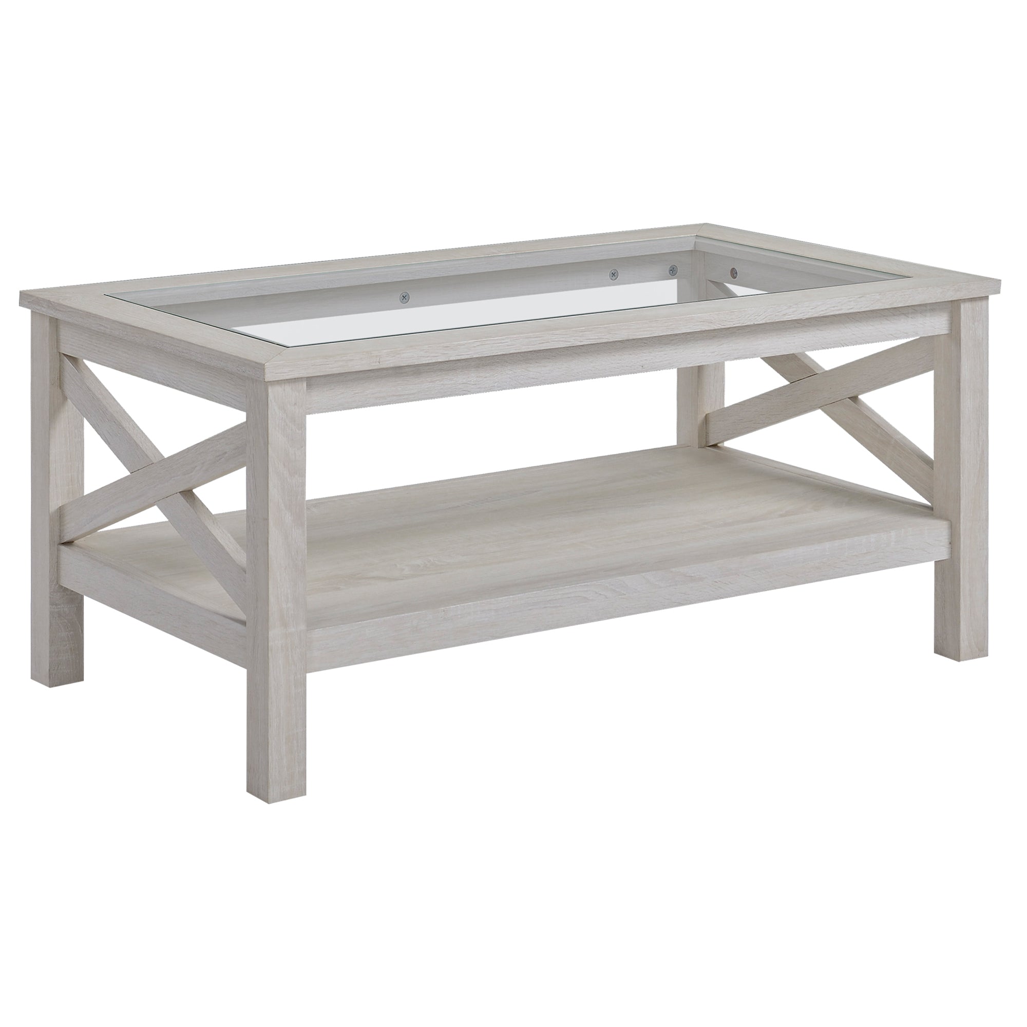 Coffee Table with Tempered Glass Tabletop, Living Room Table with Wood Frame and Underneath Storage Shelf, White Oak