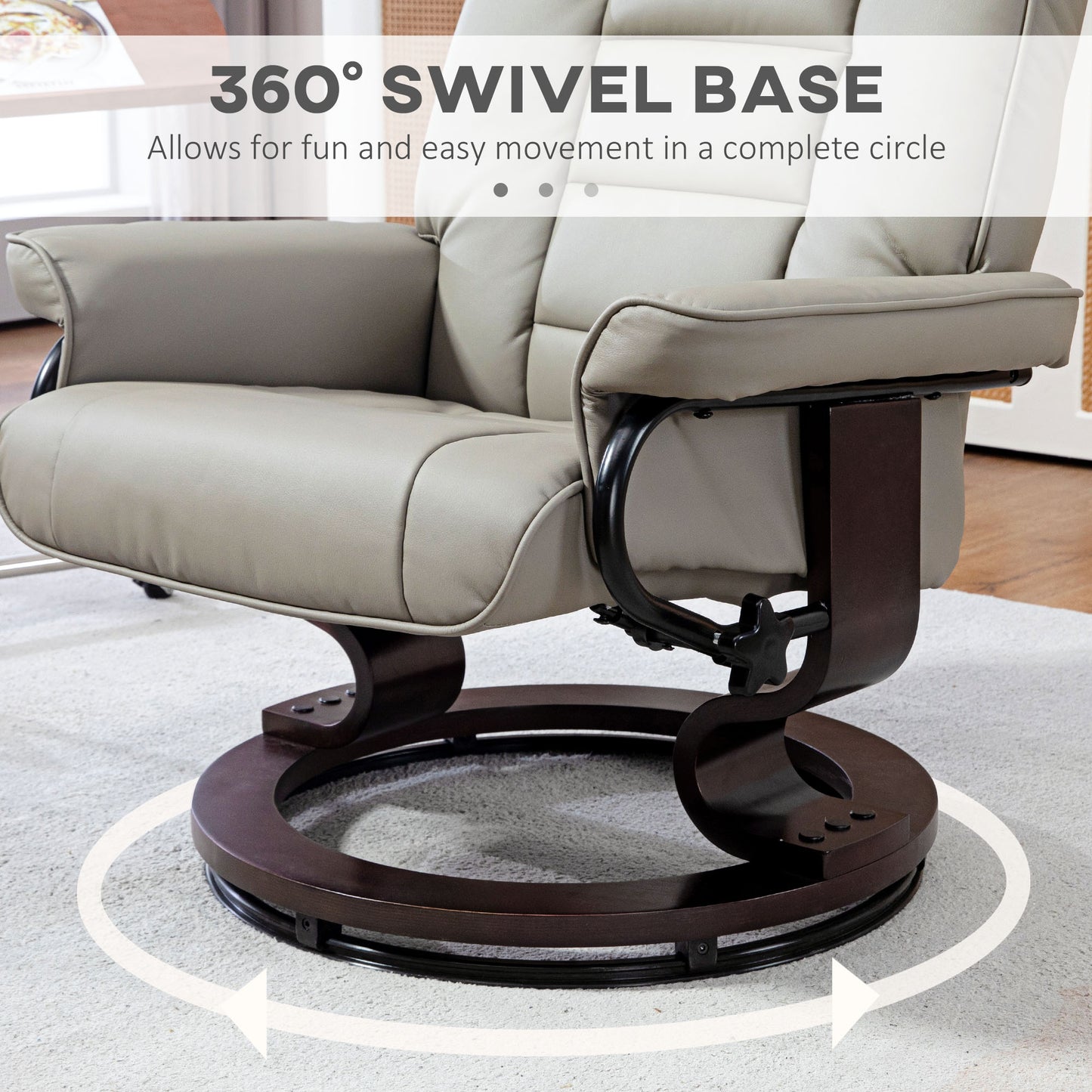 Faux Leather Recliner with Ottoman, Swivel Recliner Chair and Ottoman with High Back and Wood Base, Gray