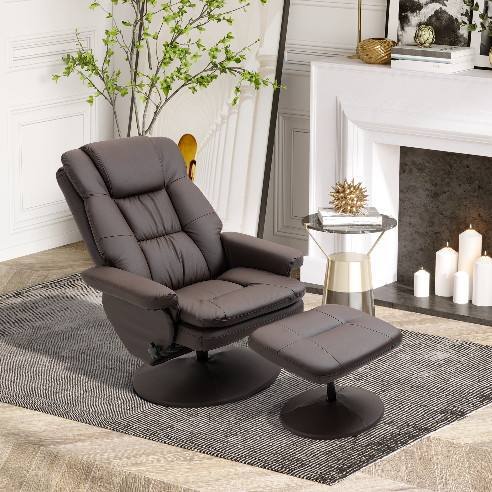PU Leather Recliner Chair with Ottoman, Swivel Recliner and Ottoman with Round Wrapped Base for Living Room, Brown