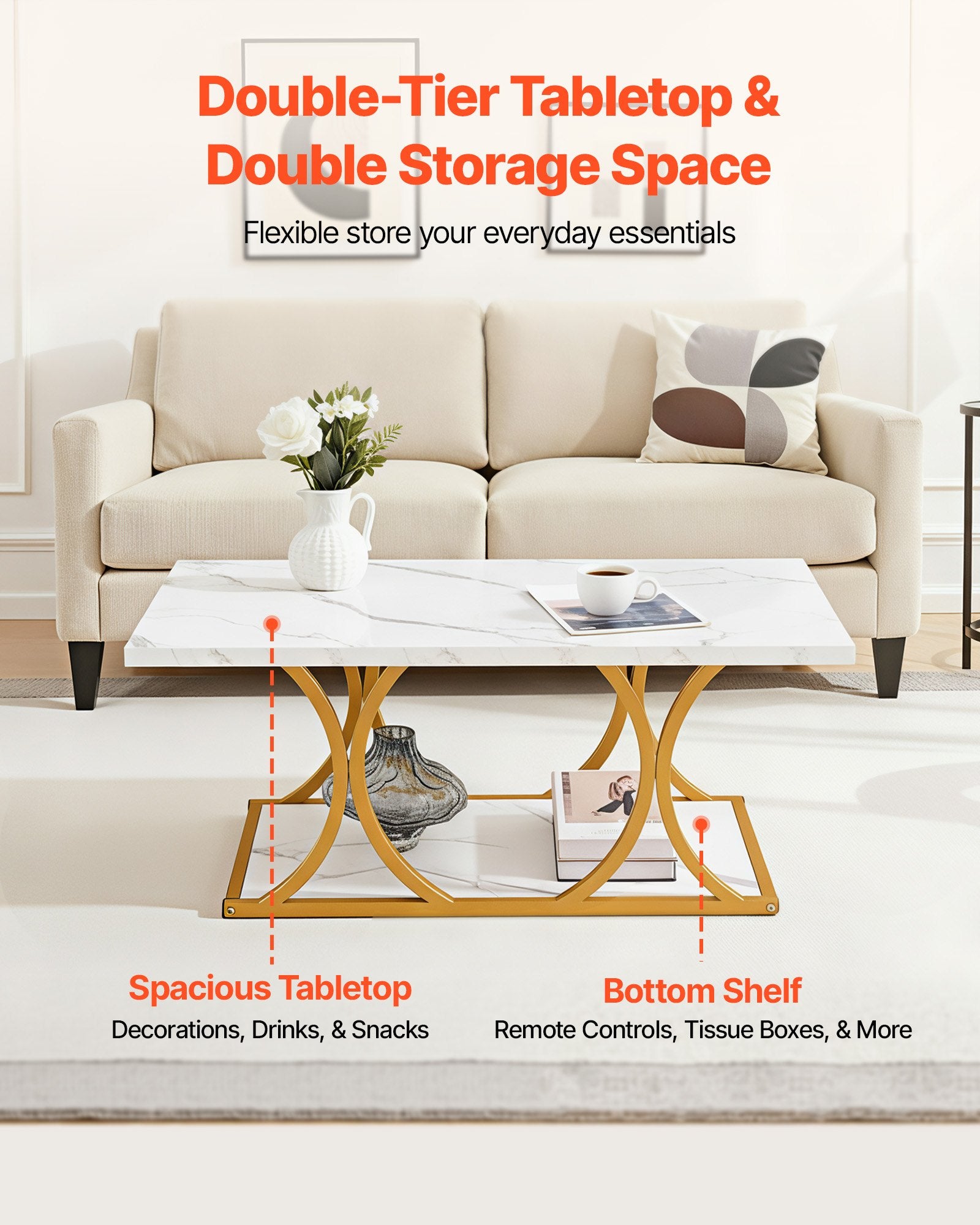 Coffee Table, Modern Faux Marble Coffee Table, Large 2-Tier Rectangle Center Desk With Geometric Legs, Minimalist Sturdy Metal Frame Accent End Desk For Living Room, Office, Easy Assembly, White