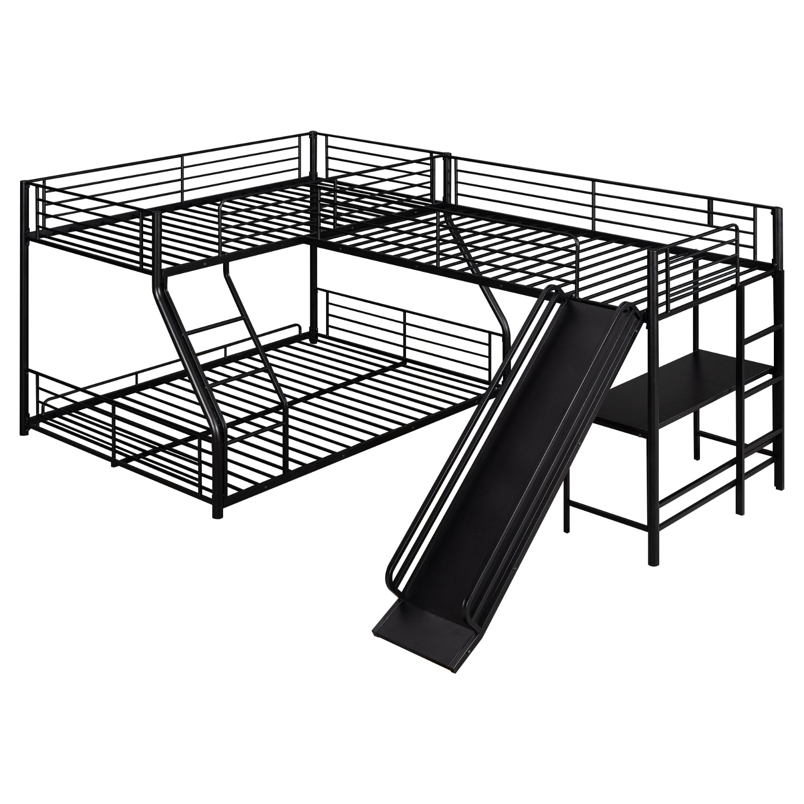 L-Shaped Twin Full Bunk Bed With Loft, Desk  Slide, Black