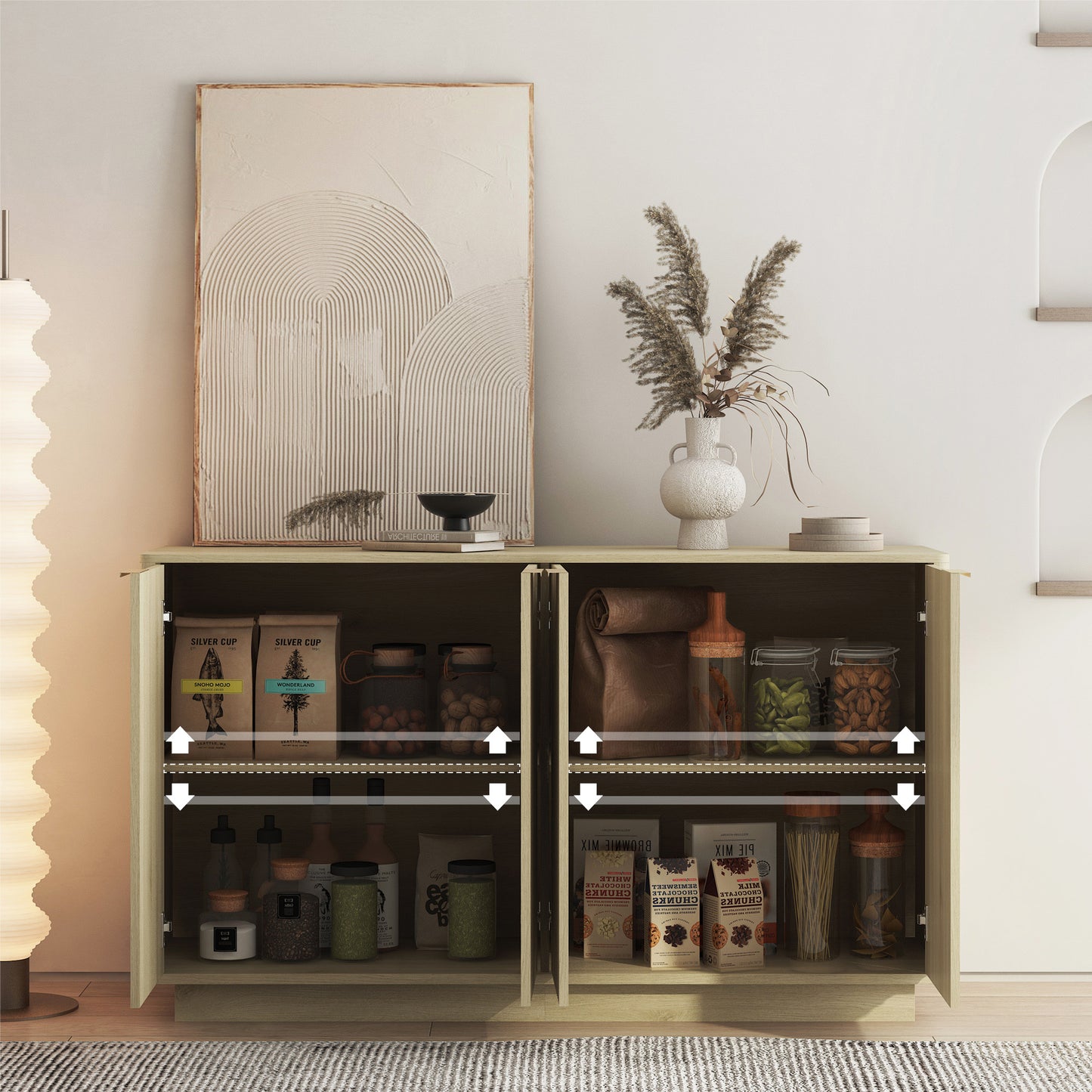 Wood Modern Buffet Cabinet With Storage, Fluted Sideboard Large Buffet With Adjustable Shelves, Credenza, Accent Cabinet Console Table