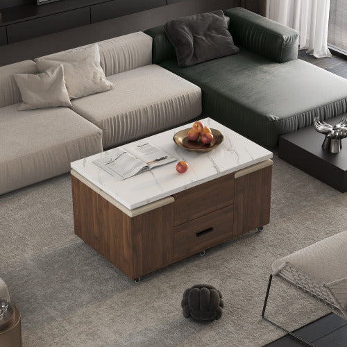 Modern Lift-Up Coffee Table With 4 Stools Set For Living Room Expandable 1 Hidden Storage 2 Drawers Space Saving Folding Dining Table